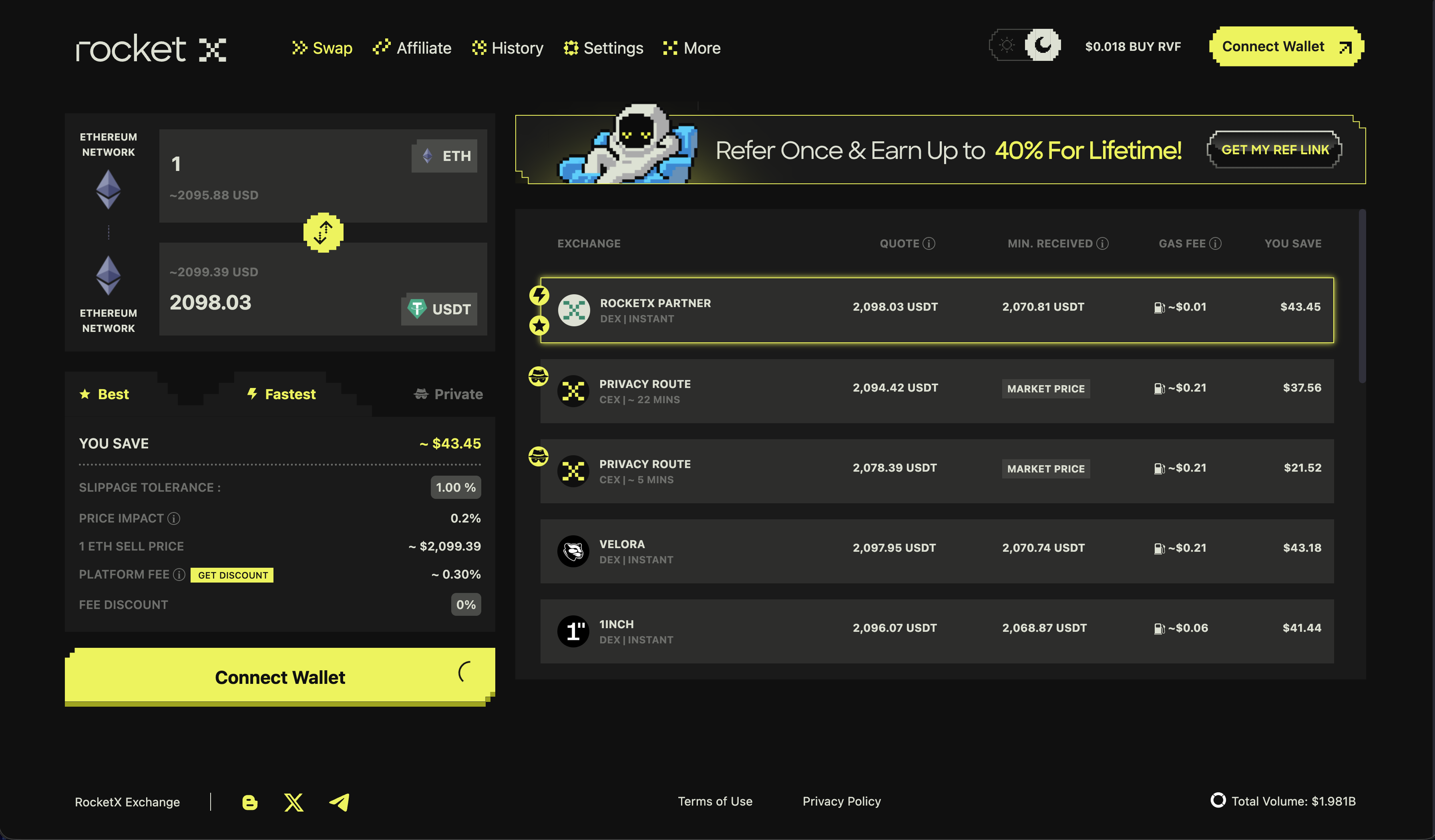 RocketX app swap interface for cross-chain and single-chain trades